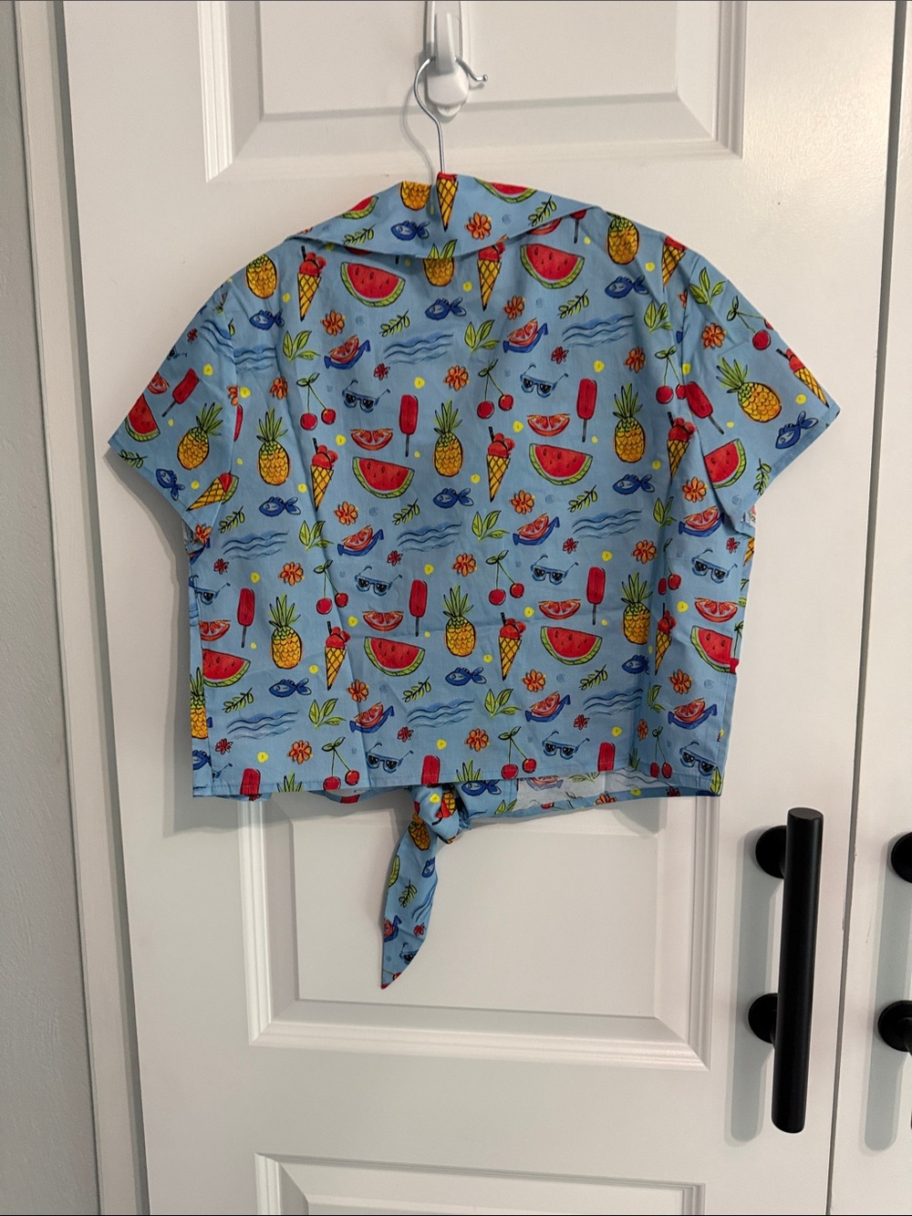 Tropical Fruit Tie-Front Crop Shirt - Light Blue - Picture 5 of 6